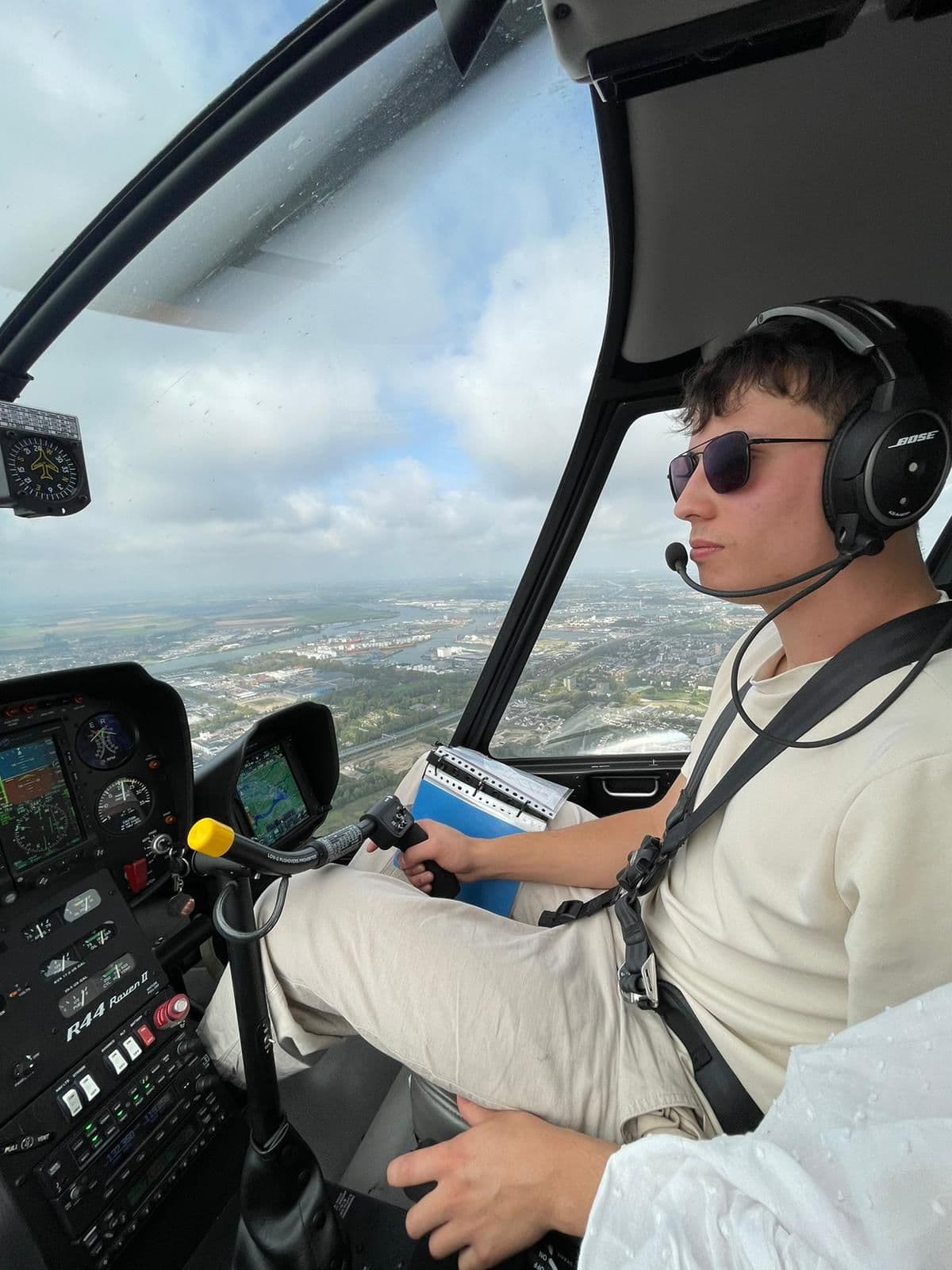 In the cockpit of the Robinson R44, in flight.
